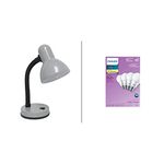 Simple Designs Desk Lamp (Silver) + Philips 463380 LED 60W A19 Soft White Non-Dimmable Bulbs (2700K) - 4 Pack