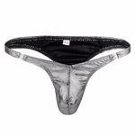 iiniim Mens Shiny Stretchy Ruched Pouch G-String Thong Low Rise Bikini Underwear Panties Silver One Size