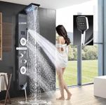 X-XONIER® Stainless Steel 304 Grade Shower Panel 6 in1 Tower System Extra Large +3 Ways Handheld, Rainfall Waterfall Body Massage Spray, Mist Spray, Temperature Display, Brass Tub Spout (Black)