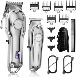 SUPRENT Professional Hair Clippers for Men-Hair Cutting Kit & Zero Gap T-Blade Trimmer Combo- Cordless Barber Clipper Set with LED Display (Silver)