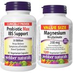 Webber Naturals Probiotic Max IBS Support, 30 Billion Active Cells, 5 Probiotic Strains, 45 Capsules & Magnesium Bisglycinate 200 mg, 120 Capsules, Supports Bone and Muscle Functions, Vegan