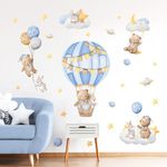 Tanlaby Cartoon Bear Blue Hot Air Balloon Wall Stickers Cute Rabbit Stars Planets Wall Decals Peel and Stick Art Decor for Baby Nursery Kids Bedroom Playroom Daycare Classroom