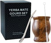 LA FEE Yerba Mate Natural Gourd/Tea Cup Set Brown (Original Traditional Mate Cup - 8 Ounces)，Includes Yerba Mate Straw & Cleaning Brush，Stainless Steel | Double-Walled | Easy to Clean