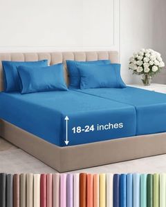 Extra Deep Split King Sheet Set - 7 Piece Breathable & Cooling Sheets - Hotel Luxury Bedding Set w/18-24 Inch Extra Deep Pockets - Easy Fit, Soft, Wrinkle Free & Comfy - Denim Blue, Split King Size
