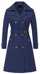 Chrisuno Long Trench Coat with Hood Rain Coats for Women Double Breasted Windproof Classic Lapel Slim Overcoat Belt Navy Blue M