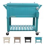 Permasteel 80-Qt Antique Patio Cooler for Outside | Outdoor Beverage Cooler Bar Cart, Rolling Cooler with Wheels and Handles, Wooden Teak Accent, Teal Blue-Green