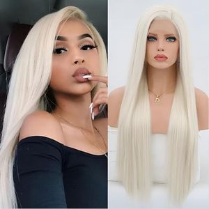 KAMIMASU Long Straight Blonde White Lace Front Wig Synthetic Silky Soft 13x3 Part Lace Front Wigs Heat Resistant Fiber Platinum Blonde Lace Wigs for Women Cosplay Summer Wear Wigs 24 Inches