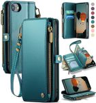 Defencase Wallet Case Compatible with iPhone SE/7/8 with RFID Blocking Card Holder for Women, PU Leather Magnetic Snap Flip Strap Zipper Phone Case Suitable for iPhone SE 3rd Generation, Blue Green