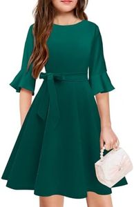 WIFFGO Girls Bell Sleeve Dresses Belt Formal Fit Knee High Modest Big Kids Midi Cap Shoulder Teen Dresses for Girls