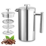 Pluzluce 1000ml / 34 Oz Cafetière French Press Coffee Maker, 8 Cups Cafetiere Stainless Steel Double Walled Insulated Caffettiere, Portable Coffee Press Pot for Home, Office, Camping