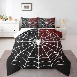 Manfei White Spider Kids Comforter Set Full Size, Black and Red Bedding Set for Boys Girls Teens Room Decor, Halloween Theme Down Comforter, Soft Polyester All Season Quilt Set,2 Pillowcases