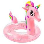 GROBRO7 Pink Unicorn Inflatable Pool Float with Glitters for Toddlers Summer Swimming Pool Ring Outdoor Water Lounge Raft Vinyl Swimming Floaty Pool Toy Beach Party Supplies for Kids, Age 3 to 8