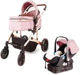 Travel System,Lightweight Baby Stroller,High Landscape Infant Pram,Aluminum Frame,with Multi-Angle Adjustment, from Birth 0 to 4 Years, 0-20 Kg(Color:Pink)