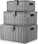 Homepeaz Set of 3 Woven Storage Basket Bin Wicker Hamper Stackable Box with Lid & Lock, Container Tote Cube Organizer for Nursery, Baby Toiletry, Diaper, Toys, Home Closet, Laundry, DVD, Book (Grey)