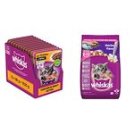 Whiskas Wet Food for Kittens (2-12 Months), Chicken in Gravy Flavour, 12 Pouches (12 x 85g) & Kitten (2-12 Months) Dry Cat Food, Mackerel Flavour, 1.1kg Pack