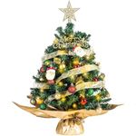 Mini Christmas Tree 24 in/2 Ft Table Top Xmas Trees with Tree Topper Led String Light Christmas Balls Ornaments Cone Santa Gold Ribbon Gift Box Merry Christmas Decor Wooden Base Christmas Decorations