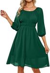 YATHON Women's Elegant Flowy Fall Dress Chiffon 3/4 Lantern Sleeve Square Neck Elastic Waist Aline Casual Dresses, B-dark Green 3/4, Small