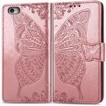 ZTOFERA Flip Case for iPhone 7/8/SE 2020/SE 2022, Butterfly Embossment Pattern Wallet Case with[Magnetic Closure][Card Slots][Kickstand][Wrist Strap], Slim Cover for iPhone 7/8/SE2/SE3 - Rose Gold