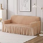 HOKIPO 280 GSM Elastic Stretchable Turkish Bubble Sofa Frill Cover for 3 Seater, Beige (AR-4604-B1)