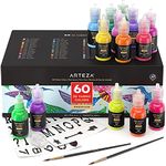 ARTEZA Fabric Paint, 60 Colours, Permanent 3D Paint, Glitter, Metallic, Neon, and Glow-in-the-Dark Hues, 30-ml Bottles, for Textiles, Canvas, and Wood