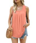 Aokosor Vest Tops for Women Square Neck Summer Tops Ladies Pleated Sleeveless Tank Coral Size 10-12