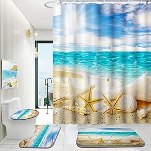 ENYORSEL 4 Piece Bathroom Shower Curtain Set with Rug (Refreshing Beach), Including Shower Curtain Sets with 12 Hooks, Soft Non-Slip Bath Mat, Toilet U-Shaped Floor Mat and Toilet Lid Cover Mat