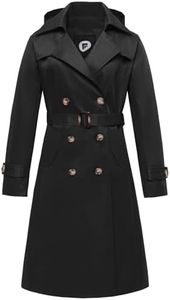 poonyfesh Women's Waterproof Long Trench Coat Double Breasted Length Classic Lapel Belt Coat With Removable Hood, Black, Medium