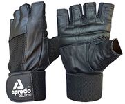 Aprodo All Leather Fitness Gym Gloves with Long Wrist Support (Black, Free Size) (Vintage Black)