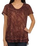 Sakkas 15774 - Hope Embroidery and Seqiun Accents Summer Blouse - Chocolate - OS