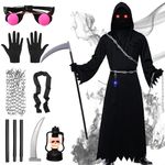 Amycute Grim Reaper Costume Adults Men Halloween Fancy Dress Costume, Grim Reaper Outfit Scary Reaper Costume Kids Boys Unisex