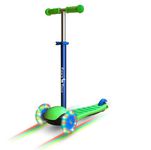 Fawn Toys 3-Wheel Junior Kick Scooter LED Flashing Wheels/Lean to Turn/Indoor/Outdoor Three Adjustable Heights Quiet PU Wheels Extra Wide Deck Best Gift for Kids, Boys Girls 2-8 Yrs(Green)