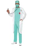 Smiffys Doctor Costume, Green Top, Trousers, Hat, Mask, Clear Name Tag & Coat, Hospital Fancy Dress, Adult Dress Up Costumes