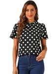 Allegra K Women's Polka Dots Blouse Stand Collar Pleat Keyhole Back Short Flare Sleeve Tops Black XL