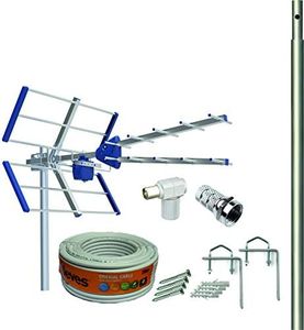 Kit Antena TV Compact 5G + Rollo 20M TELEVES + MASTIL 1,2M + Garras + Tornillos + Conectores F Y TV.