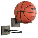 MyGift Wall Mounted Gray Wood and Black Metal Home Gym Sports Ball Basketball Football Volleyball Soccer Equipment Storage Holder Display Rack, Set of 2