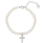 925 Sterling Silver Adjustable White Cultured Pearl & Cross Bracelet for Toddlers and Little Girls - Classic Cultured Pearl Bracelets for Young Girls - Kids Cross Bracelet