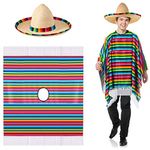 Mexican Serape Poncho Costume Mexican Sombrero with Rainbow Serape Edge and Band (Adult)