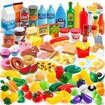 JOYIN 135 Pieces Kids Play Food Set, Value Pretend Food for Play Kitchen with Fruit, Vegetable, Food Can, Dessert, Tableware, Bottles, Dramatic Plastic Food Toys for Toddler Boys Girls 3+ Years