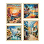 ArtX City Sunrise Paintings with Frame for Home Decoration, Living Room/Bedroom, Office Décor Framed Painting for Wall Decoration, Abstract, Multicolor, Set of 4