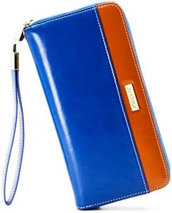 ANDOILT Womens RFID Blocking Genuine Leather Zip Around Wallets Large Cell Phone Holder Clutch Travel Purse Wristlet Blue