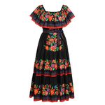 IDOPIP Women Mexican Embroidered Dress Summer Floral Print Off Shoulder Sleeveless Beach Long Maxi Dresses Traditional Vestidos de Fiesta Casual Holiday Boho Cinco de Mayo Dresses Black L