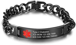 Lam Hub Fong 7.5 or 8.5 Inches Free Engrave Emergency Medical Bracelets for Men Women Alert ID Bracelets for Adults Titanium Steel Medical Alert Bracelets (Black + Men)