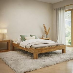 skølm Floki Massivholzbett 140x200 cm aus Eiche - hochwertiges Bettgestell - Bettrahmen ohne Bettkopf - Holzbett in Natur geölt - Bett geeignet als Doppelbett - Futonbett - Schlafzimmer Bett