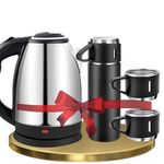 RFV1 3-in-1 Premium Gift Set: Electric Kettle 1.8L + Thermo Vacuum Flask (500ML) + 3 Coffee Mugs - Stainless Steel, Insulated for Hot and Cold Drinks - Ideal for Travel, Home Use, and Diwali Gifting