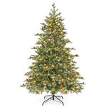 DORTALA 6 FT Pre-Lit Christmas Tree Green, Hinged Artificial Pine Xmas Tree with 240 Warm White LED Lights, 8 Lighting Modes, 590 PE & PVC Branch Tips, 53 Pine Cones, for Home Office Party