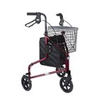 DAYS Lightweight Aluminum Folding 3 Wheel Tri Walker with Lockable Brakes, Adjustable Height, Limited Mobility Aid, Ruby Red with Bag, Basket and Tray