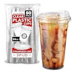 24 oz Clear Plastic Cups with Lids Disposable, Togo Drinking Cup with Strawless Sip Lid for Smoothie, Cold Brew Iced Coffee, Lemonade, Ice Latte, Boba, Party Drinks, Bulk, 24 Ounce (Set of 50)