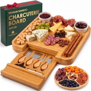 Bamboo Charcuterie Boards Gift Set - Meat and Cheese Tray with Utensils, Fruit Tray, and 2 Sauce Bowls Included - Bamboo Cheese Platter - House Warming Gifts New Home Couples & Family, Wedding Gifts