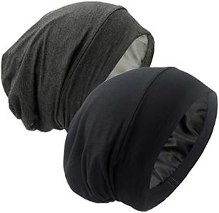Silk Satin Lined Bonnet Sleep Cap - Adjustable Stay on All Night Hair Wrap Cover Slouchy Beanie for Curly Hair Protection for Women and Men - Black & Dark Grey