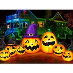 12Ft Extra Large&Long Halloween Inflatables 7 Pumpkins with 2 Witch Hats Outdoor Halloween Decorations with Build-in LED Lights Stakes Blow Up Yard Halloween Decor Outside Party Garden Lawn Holiday